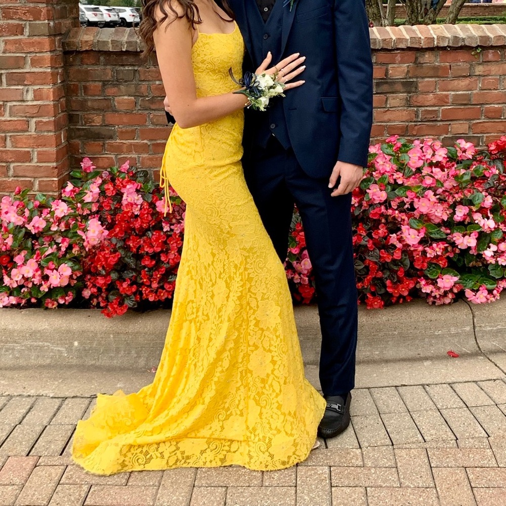 Sherri Hill Yellow Lace Prom Dress